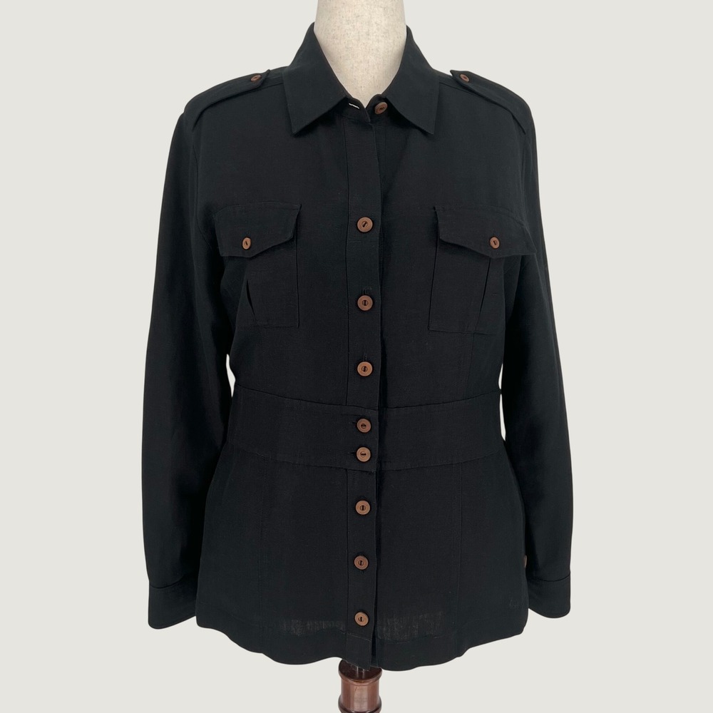 Soft Surroundings Safari Military Utility Shirt Jacket Size XL Tall Black Linen